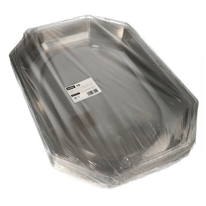 A stack of oval Starpak 10 lids for serving platters from Starpak made of transparent PET, wrapped in clear plastic with a barcode and product information sticker on top, ensures optimal freshness for serving trays with angled edges.