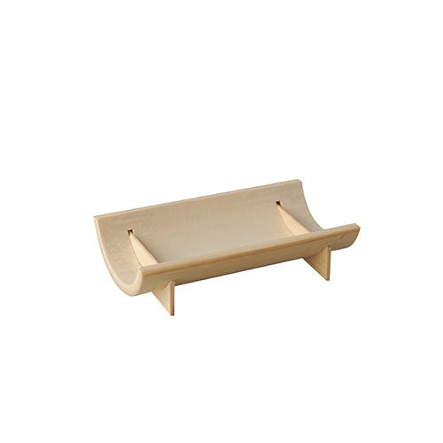 A small, light wooden stand with a curved back and two legs, ideal for displaying items like books or PAPSTAR bamboo "pure" rectangular finger food bowls 10x5.7 cm (5 pieces) by PAPSTAR GmbH at eco-friendly events.
