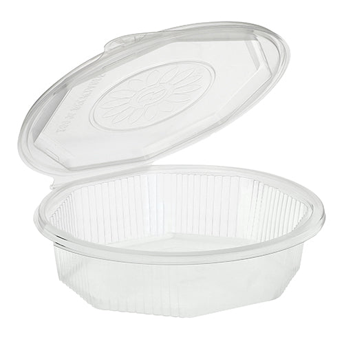 A transparent, octagonal Starpak PP menu box (5.9 x 21.5 x 21.5 cm) with a hinged lid that reveals the empty contents; embossed floral pattern on the lid. Ideal for food storage. Set of 25 menu boxes with hinged lids, transparent.