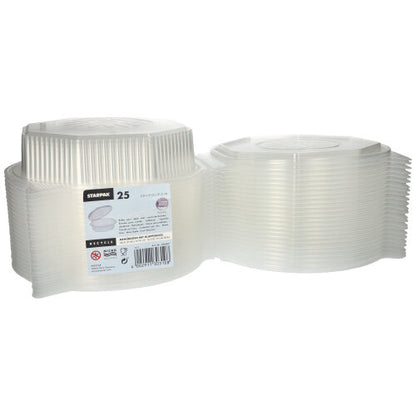 Two stacks of Starpak 25 menu boxes with hinged lids, PP transparent and octagonal (5.9 x 21.5 x 21.5 cm) are shown side by side. Ideal for food storage or serving meals at any event.