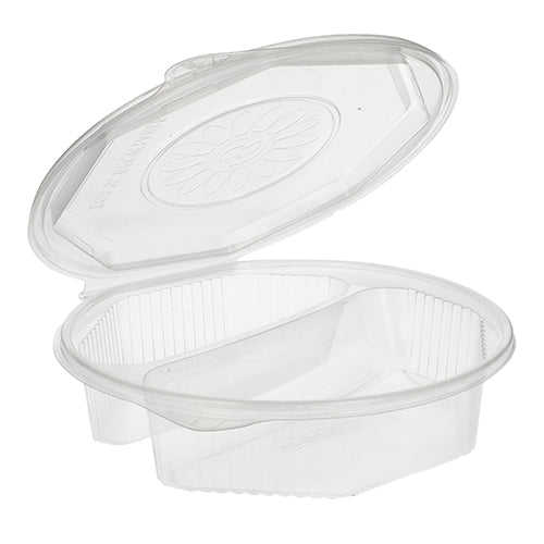 A transparent Starpak 25 menu box PP container, 8-sided with a hinged lid (5.9 x 21.5 x 21.5 cm), shown open – ideal for practical food storage.