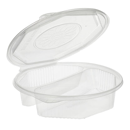 A transparent Starpak 25 menu box PP container, 8-sided with a hinged lid (5.9 x 21.5 x 21.5 cm), shown open – ideal for practical food storage.