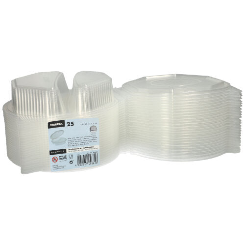 Shown is a stack of 25 Starpak menu boxes with hinged lids, made of transparent PP (octagonal, 5.9 x 21.5 x 21.5 cm). The label contains brand info and usage instructions – ideal for food storage or serving.