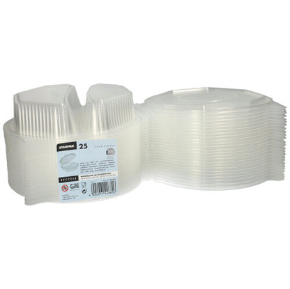 Shown is a stack of 25 Starpak menu boxes with hinged lids, made of transparent PP (octagonal, 5.9 x 21.5 x 21.5 cm). The label contains brand info and usage instructions – ideal for food storage or serving.