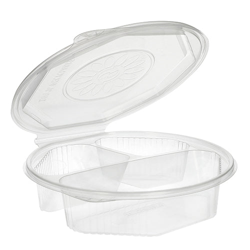 The Starpak 25 menu boxes with hinged lids are transparent, octagonal PP containers (5.9 x 21.5 x 21.5 cm) with a hinged lid and two compartments – ideal for storing and separating food.