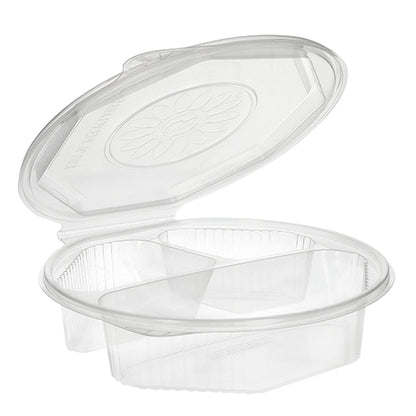 The Starpak 25 menu boxes with hinged lids are transparent, octagonal PP containers (5.9 x 21.5 x 21.5 cm) with a hinged lid and two compartments – ideal for storing and separating food.