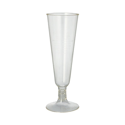 The clear PAPSTAR sparkling wine glasses PLA "pure" (Ø 5.5 cm, 16.5 cm high) of PAPSTAR GmbH are depicted upright against a white background, highlighting the elegant, eco-friendly design; available in a set of 6 in a folding box.