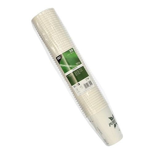 Ein Stapel von 50 weißen Pappbechern „Pure Joy“ (0,25 l, Ø 8 cm, 10,8 cm) der PAPSTAR GmbH ist in Klarsichtfolie eingewickelt und mit einem grün-weißen Pure Joy-Etikett mit Produktinformationen und Barcodes versehen.