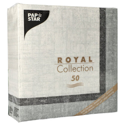 The "ROYAL Collection" package from PAPSTAR GmbH includes 50 high-quality napkins (40 x 40 cm, 1/4-fold) with predominantly white and gray packaging, accented by golden and black lettering.
