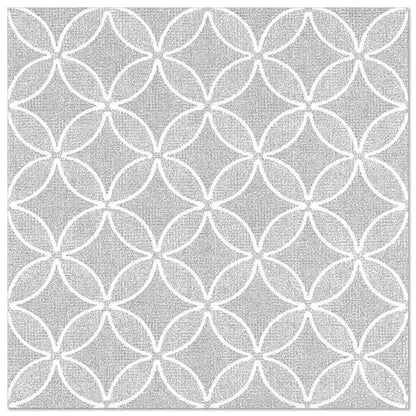 A square tile with a repeating geometric pattern of overlapping white circles on a light grey background - the perfect complement to the PAPSTAR 50 napkins "ROYAL Collection" 1/4-fold 40 x 40 cm grey by PAPSTAR GmbH.