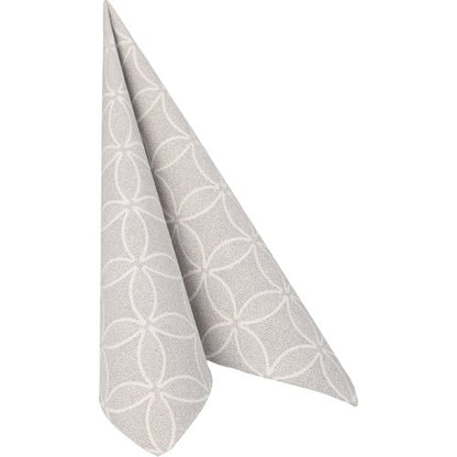 The PAPSTAR 50 napkins "ROYAL Collection" 1/4-fold 40 x 40 cm grey by PAPSTAR GmbH is a light grey napkin with a subtle white geometric pattern, elegantly folded in a standing triangle shape on a white background.