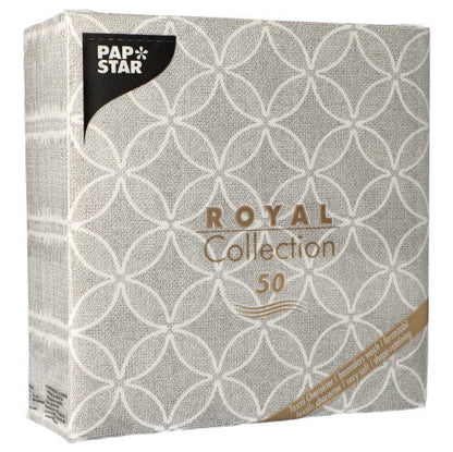 A square pack of PAPSTAR 50 napkins "ROYAL Collection" 1/4-fold 40 x 40 cm grey by PAPSTAR GmbH, with high-quality napkins in grey from the Royal Collection.