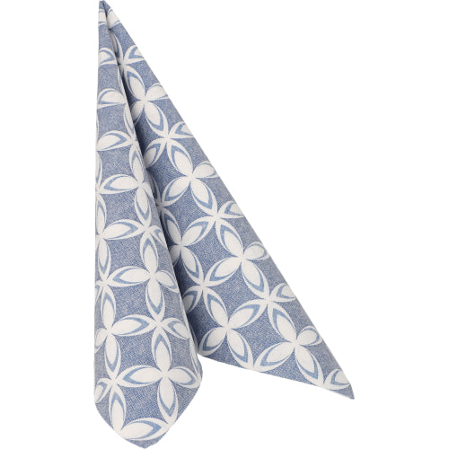 A folded blue PAPSTAR 50 napkins "ROYAL Collection" 1/4-fold 40x40 cm napkin with a white geometric floral pattern by PAPSTAR GmbH, standing upright on a white background.