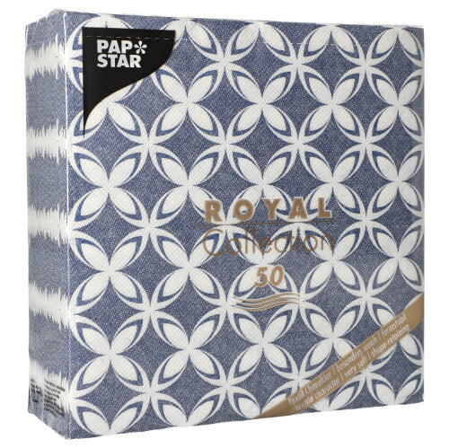 A pack of 50 PAPSTAR napkins "ROYAL Collection", 1/4-fold (40 x 40 cm), with blue and white geometric circles and "ROYAL Collection 50" in gold on the front, by PAPSTAR GmbH.