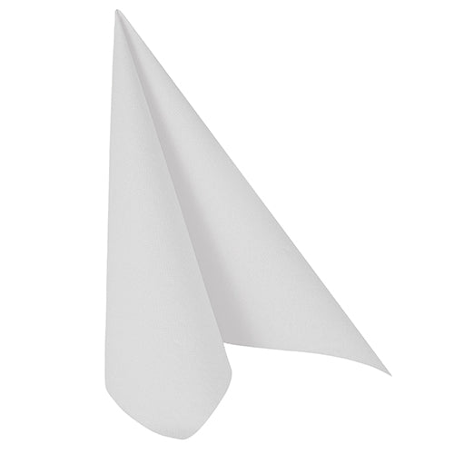 A single white PAPSTAR napkin "ROYAL Collection" (40x40 cm, 1/4 fold) of PAPSTAR GmbH is depicted upright in a triangular fold on a plain white background.