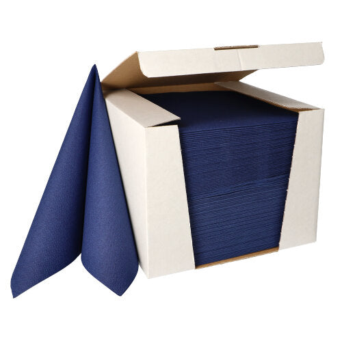In an open box, there is a stack of folded navy blue PAPSTAR 100 napkins "ROYAL Collection" 1/4-fold, 40x40cm, from PAPSTAR GmbH, made of high-quality material, with two napkins standing upright outside the box.