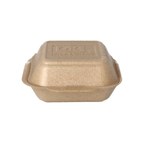 The Starpak 125 large hamburger boxes with hinged lids (XPP, 7x15x15 cm, beige) are ideal for transporting hamburgers and are shown here against a white background.