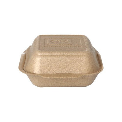 The Starpak 125 large hamburger boxes with hinged lids (XPP, 7x15x15 cm, beige) are ideal for transporting hamburgers and are shown here against a white background.