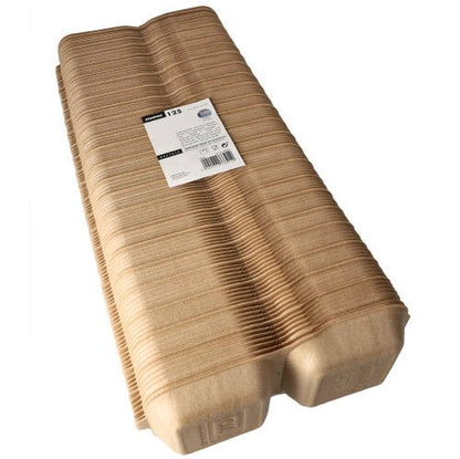 A stack of Starpak 125 large hamburger boxes with hinged lids, XPP 7x15x15 cm, beige (125 pieces) is shown, bundled with a label on top—ideal for transporting and serving hamburgers.