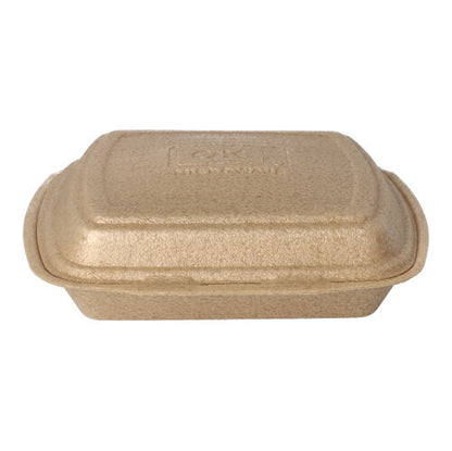 A Starpak 50 menu boxes with hinged lid XPP, beige (7 x 20.5 x 24 cm), closed rectangular takeout box made of molded fiber for safe food transport, depicted against a white background.