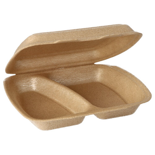 The Starpak 50 menu boxes with hinged lid made of XPP (7 x 20.5 x 24 cm, beige) have two separate compartments and are shown open, ideal for safe food transport and presenting the interior layout.