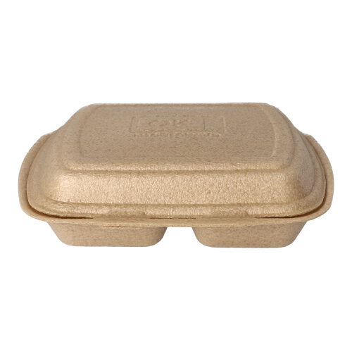 A closed, rectangular Starpak 50 menu boxes with hinged lid (XPP, 7x20.5x24 cm, beige), ideal for environmentally friendly food transport, made of molded fiber and depicted against a white background.