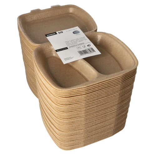 A stack of rectangular, beige Starpak 50 menu boxes with hinged lid (XPP, 7x20.5x24 cm) with two compartments is shown in top view. The top box carries a white label with text and barcode. Ideal for transporting food.