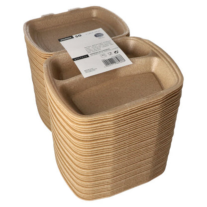 A stack of beige Starpak 50 menu boxes with hinged lid (XPP, 7x20.5x24 cm) with a white label containing product information and barcodes. The boxes have slightly raised edges and are ideal for transporting food.