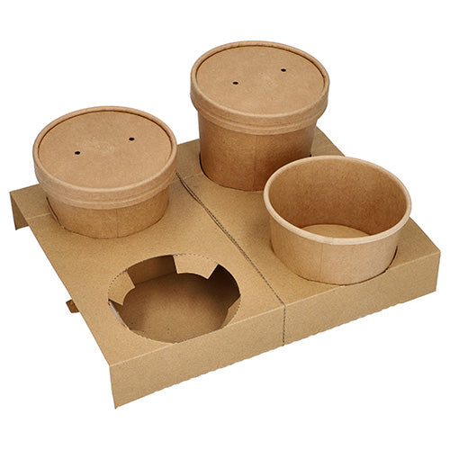 The PAPSTAR carrying tray "pure" brown for 4 soup cups (3.6x19.8x24.1 cm) holds three paper food containers with lids; one slot remains free. The environmentally friendly tray from PAPSTAR GmbH is simple and unprinted. Package: 25 pieces.