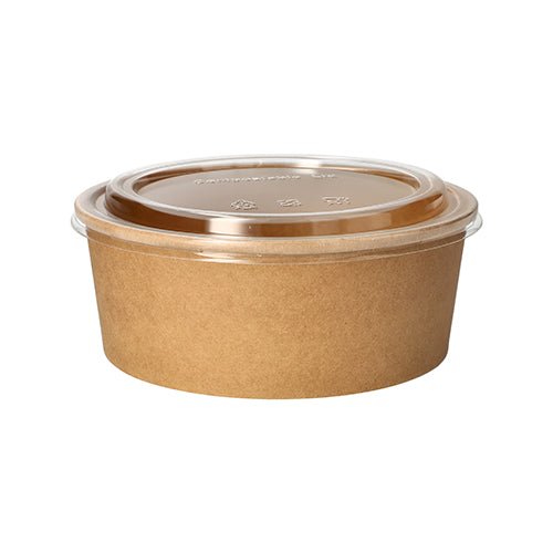 The 50 salad bowls from PAPSTAR GmbH are round, brown food containers made of paper with PLA coating and a transparent lid, depicted empty against a white background.