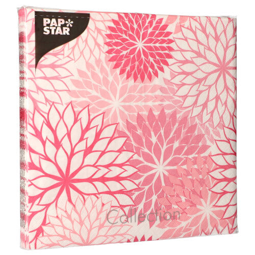 Eine Packung PAPSTAR 20 Servietten der PAPSTAR GmbH, 3-lagig, 40x40 cm, 1/4-Falz, mit rosa-weißem, überlappendem Blumenmuster.