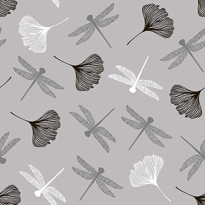 Ein nahtloses Libellen- und Ginkgoblättermuster in Schwarz, Weiß und Grau auf Hellgrau – perfekt für PAPSTAR 20 Servietten, 40x40 cm, 3-lagig, 1/4-Falz von der PAPSTAR GmbH.