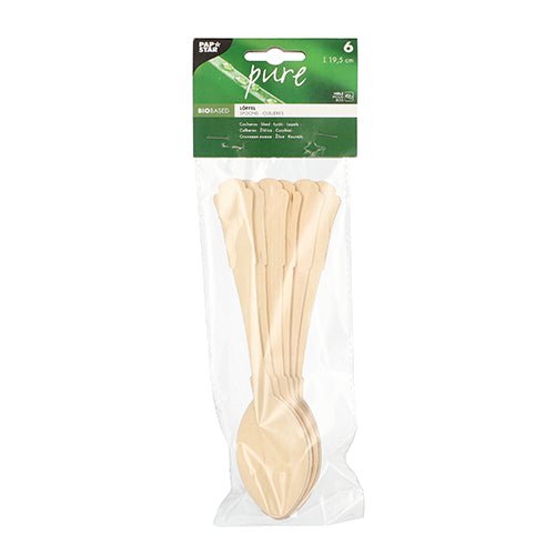 There are six beige-colored items in a clear plastic bag PAPSTAR "Pure" wooden spoon (19.5 cm, vintage design); a green label on the top displays the brand name PAPSTAR GmbH, the quantity, and "pure."