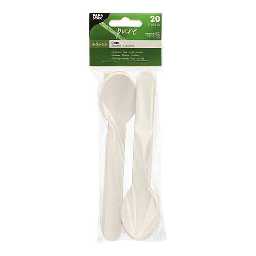 In a clear package from PAPSTAR GmbH, there are 20 white, eco-friendly paper spoons ("pure", 15.5 cm), neatly stacked and clearly visible behind a green-white top label with product information.
