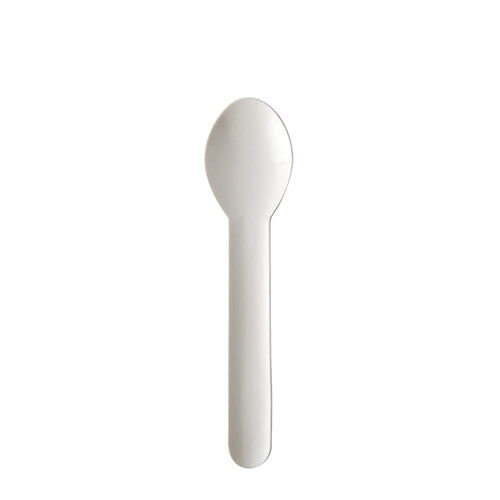 A PAPSTAR coffee spoon "pure" (13 cm, white, eco-friendly) from the 20-pack by PAPSTAR GmbH is seen vertically against a white background.
