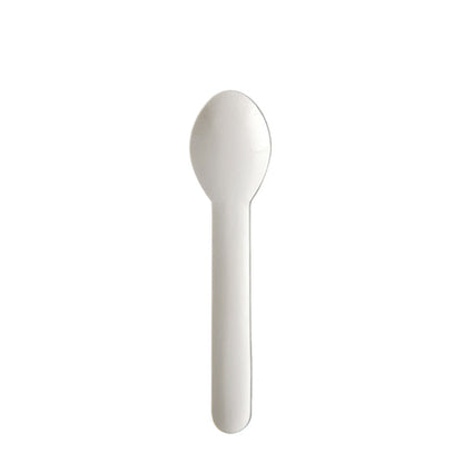 A PAPSTAR coffee spoon "pure" (13 cm, white, eco-friendly) from the 20-pack by PAPSTAR GmbH is seen vertically against a white background.