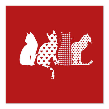 Four white cat silhouettes - solid color, hearts, houndstooth, dots - sit from left to right on a red background. PAPSTAR 20 napkins, 33x33 cm, 3-ply, 1/4-fold red from PAPSTAR GmbH.