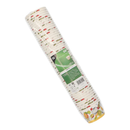 Ein 50er Stapel PAPSTAR Eisbecher aus Pappe rund der PAPSTAR GmbH in Folie verpackt. Bunte Obst- und Gemüsemotive am unteren Rand machen sie perfekt für Desserts wie Eisbecher.