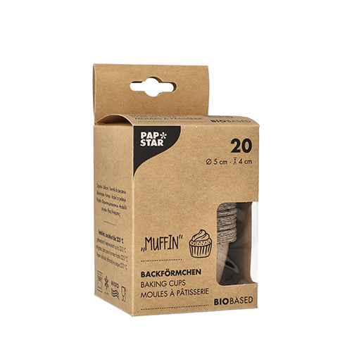 The PAPSTAR 20 muffin baking cups (5 cm Ø, 4 cm high) are made of fresh fiber and cocoa shells. Packaged in a folding box with a window and multilingual informational material. Brand: PAPSTAR GmbH.