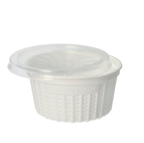 The Starpak 25 soup cup, PP "To Go" Ø 11.5 cm in white is a small, round 500 ml soup cup with a clear lid and textured sides embossed with "Recyclable", depicted on a plain white background.