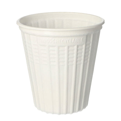 The Starpak 25 soup cup, PP "To Go" Ø 11.5 cm white is a white, recyclable soup cup made of polypropylene with vertical grooves and "recyclable" embossing on the rim, holding up to 500 ml.
