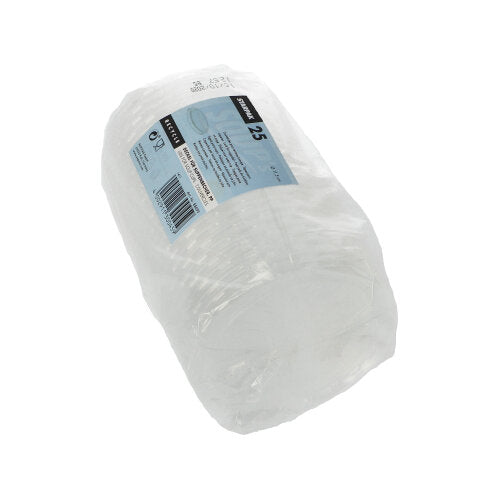 A pack wrapped in clear plastic with 25 transparent Starpak "To Go" PP lids (Ø 11.5 cm) with a blue and white label with product information.