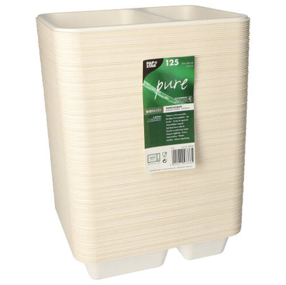 A stack of cream-colored, rectangular 2-part disposable trays made from sugarcane by PAPSTAR GmbH, featuring a green-white label with the brand “PAPSTAR 125 sealed trays, sugarcane 2-part” and a count of 125 trays.