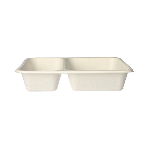 The PAPSTAR 125 sealed trays, sugarcane 2-part from PAPSTAR GmbH are beige, rectangular food trays made from biodegradable sugarcane – ideal as an eco-friendly disposable tableware option.