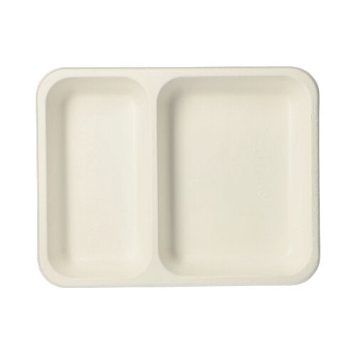 The PAPSTAR 125 sealed trays from PAPSTAR GmbH are rectangular, white, two-part trays made from biodegradable sugarcane, depicted on a white background from above.