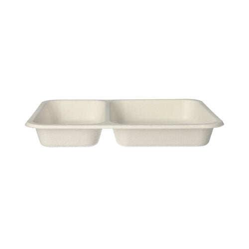 The PAPSTAR 125 sealed trays from PAPSTAR GmbH are beige, rectangular disposable food trays with two equally sized compartments made from biodegradable sugarcane. Image from the front on a white background.