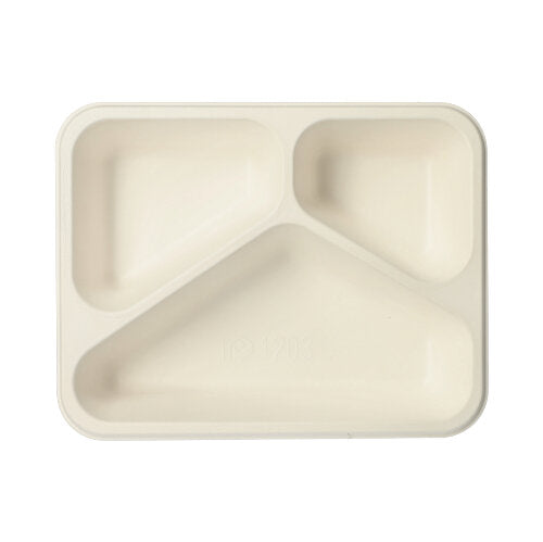 The PAPSTAR 125 seal bowls from PAPSTAR GmbH are rectangular, beige trays with three compartments made of biodegradable sugarcane. They have rounded corners and a smooth surface – perfect for eco-friendly dining.