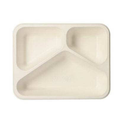 The PAPSTAR 125 seal bowls from PAPSTAR GmbH are rectangular, beige trays with three compartments made of biodegradable sugarcane. They have rounded corners and a smooth surface – perfect for eco-friendly dining.