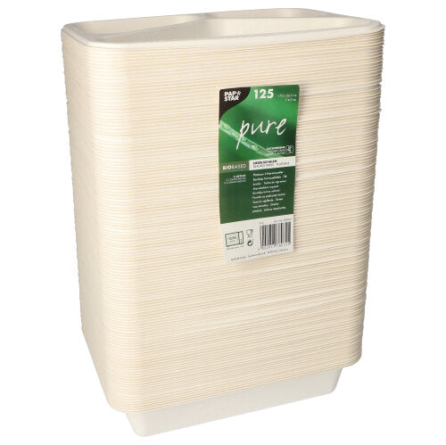A stack of rectangular, white PAPSTAR 125 seal bowls, sugarcane 3-compartment disposable plates from PAPSTAR GmbH with a green-white label on the front; these biodegradable plates are made from eco-friendly sugarcane material.