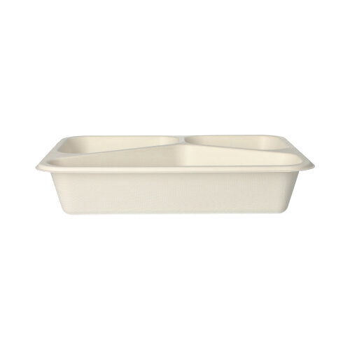 The PAPSTAR 125 seal bowls made of sugarcane from PAPSTAR GmbH are beige, biodegradable, rectangular, 3-compartment and have a slightly raised rim; Depicted against a white background.